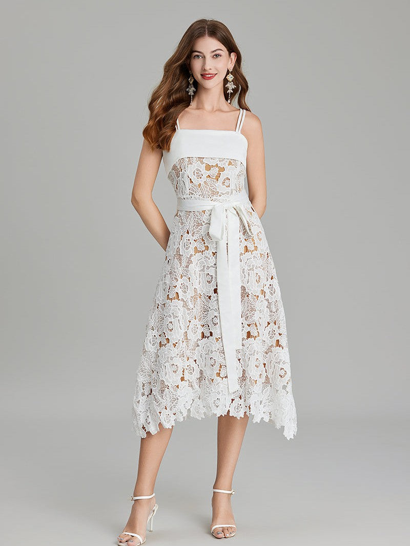 Embroidery Belted a Line Maxi Dress