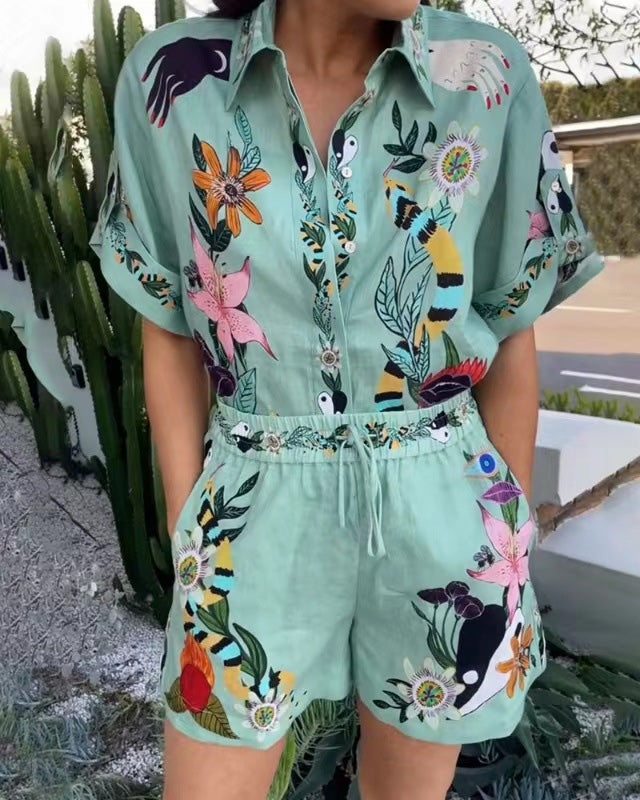 Two Piece Suit Cotton Linen Printed Shirt Shorts Amplified Craft