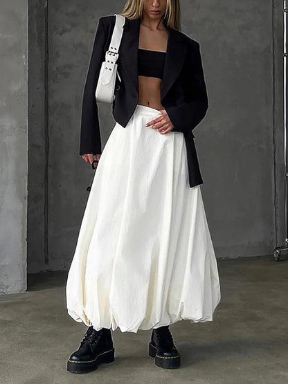 Silk Satin White Maxi Skirt Long Ruffled Pleated Skirts Lantern Pants A-line Silk Long Skirts for New