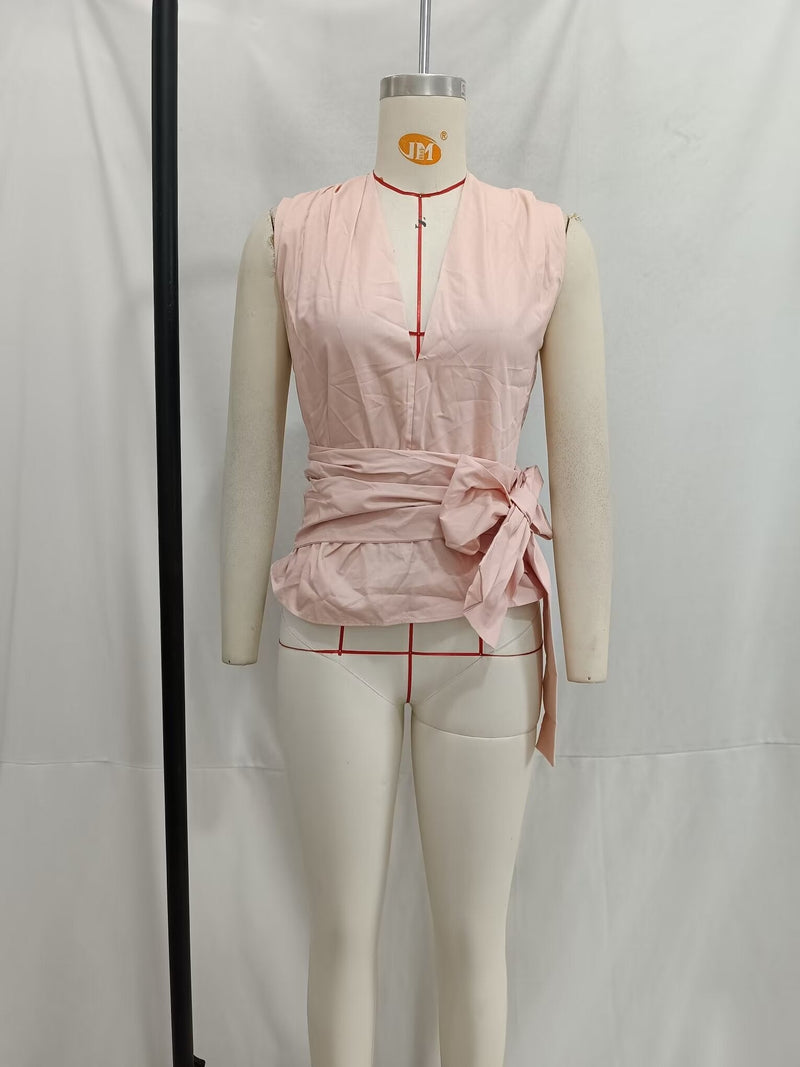 Poplin V Neck Top & High Waist Wide Leg Pant Coord Set