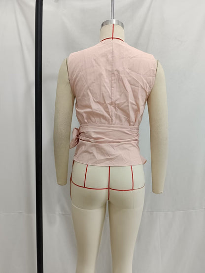 Poplin V Neck Top & High Waist Wide Leg Pant Coord Set