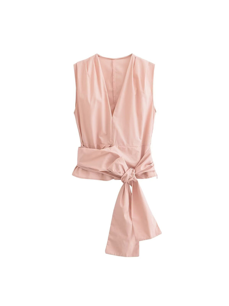 Poplin V Neck Top & High Waist Wide Leg Pant Coord Set