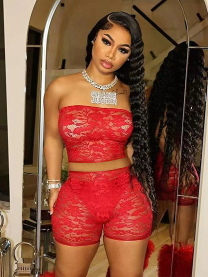 Clothing Semi Transparent Lace Tube Top Shorts Two Piece Set