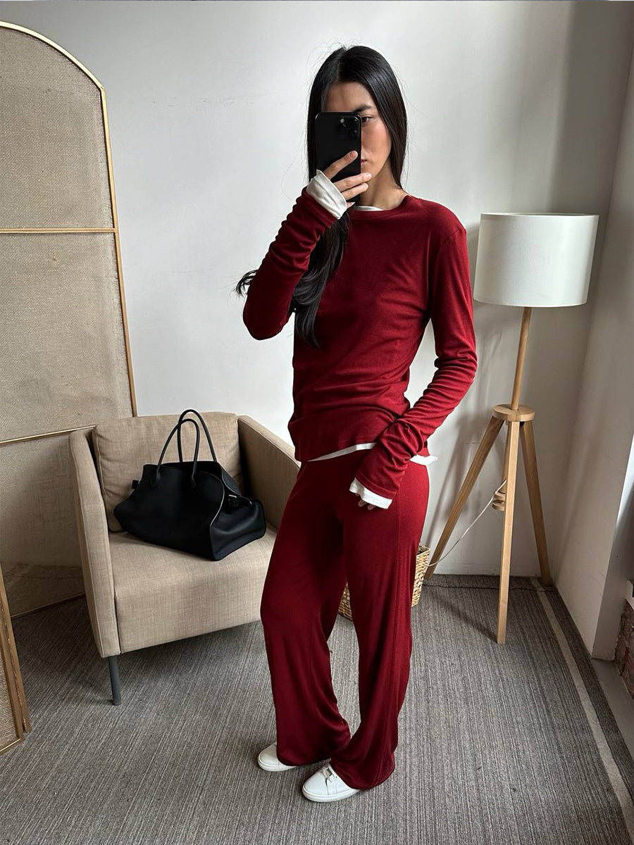 Autumn Winter Soft Modal Top Wide Leg Pants Christmas Red Two Piece Set