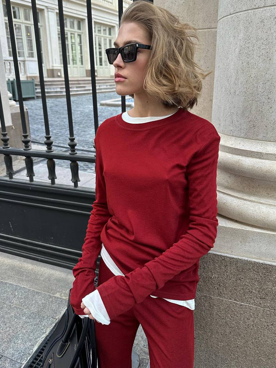 Autumn Winter Soft Modal Top Wide Leg Pants Christmas Red Two Piece Set