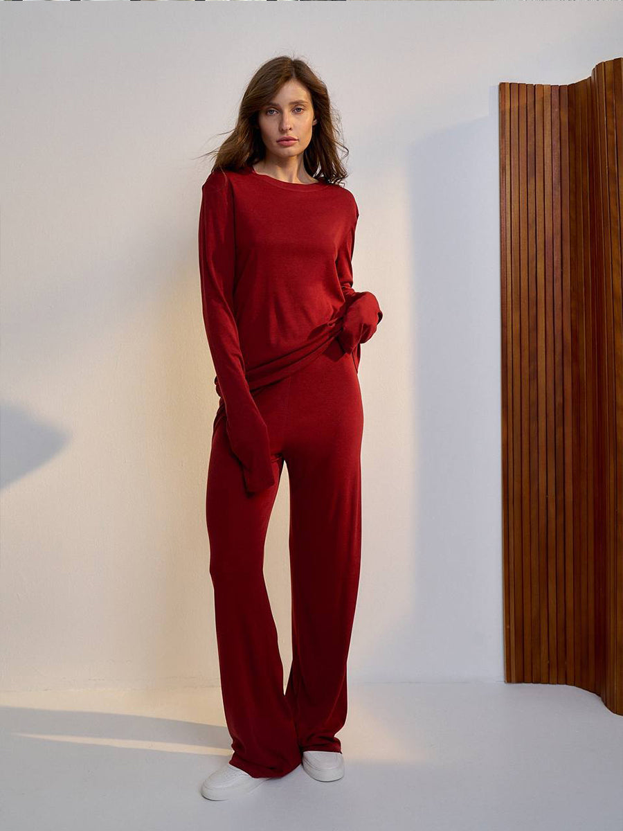 Autumn Winter Soft Modal Top Wide Leg Pants Christmas Red Two Piece Set
