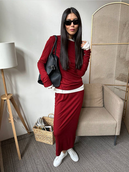 Autumn Winter Soft Modal Top Wide Leg Pants Christmas Red Two Piece Set