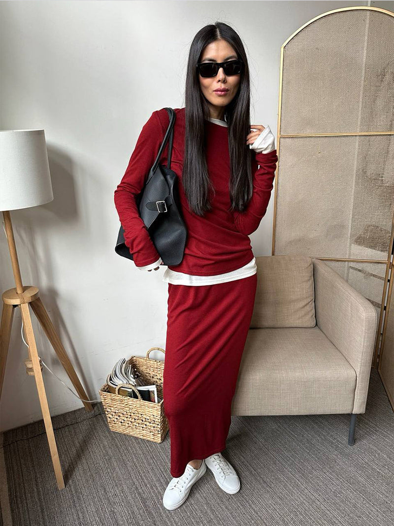 Autumn Winter Soft Modal Top Wide Leg Pants Christmas Red Two Piece Set