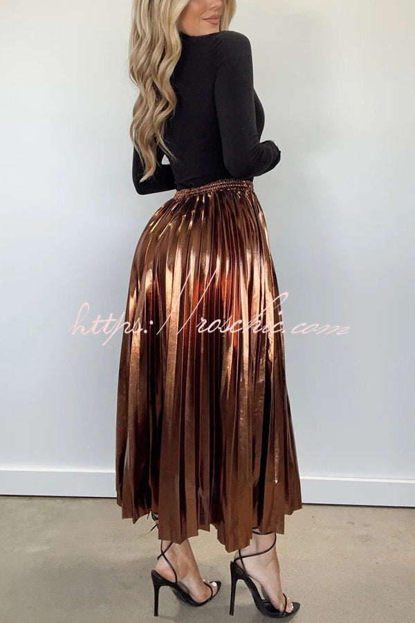 Yuletide Glow Metallic Fabric Pleated Elastic Waist Midi Skirt