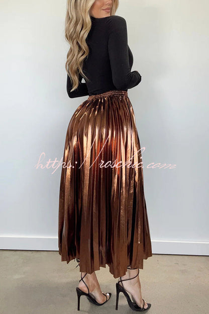 Yuletide Glow Metallic Fabric Pleated Elastic Waist Midi Skirt