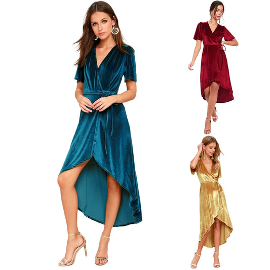 Clothing V-neck Dress Velvet Cardigan Lace-up Irregular Asymmetric Dress