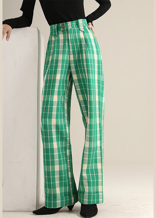 Green Plaid High Waist Straight Pants Spring Tt1019
