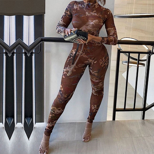 Printed Tight Jumpsuit Hip High Elastic Mesh Pants