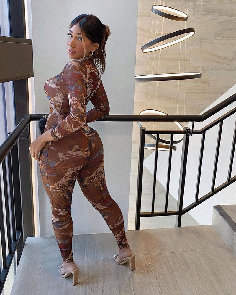 Printed Tight Jumpsuit Hip High Elastic Mesh Pants