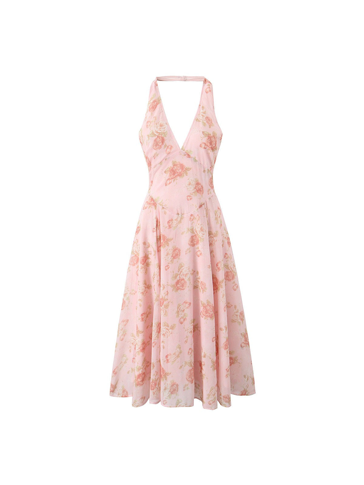 Print V Neck Halter French Midi Dress