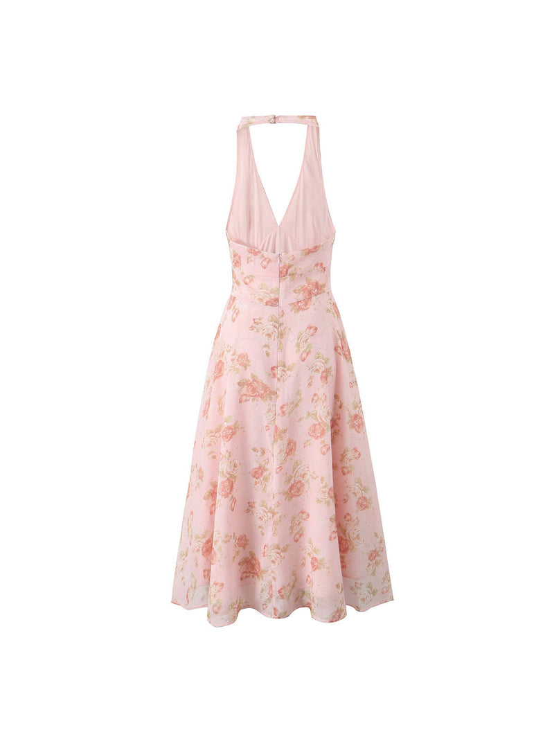 Print V Neck Halter French Midi Dress