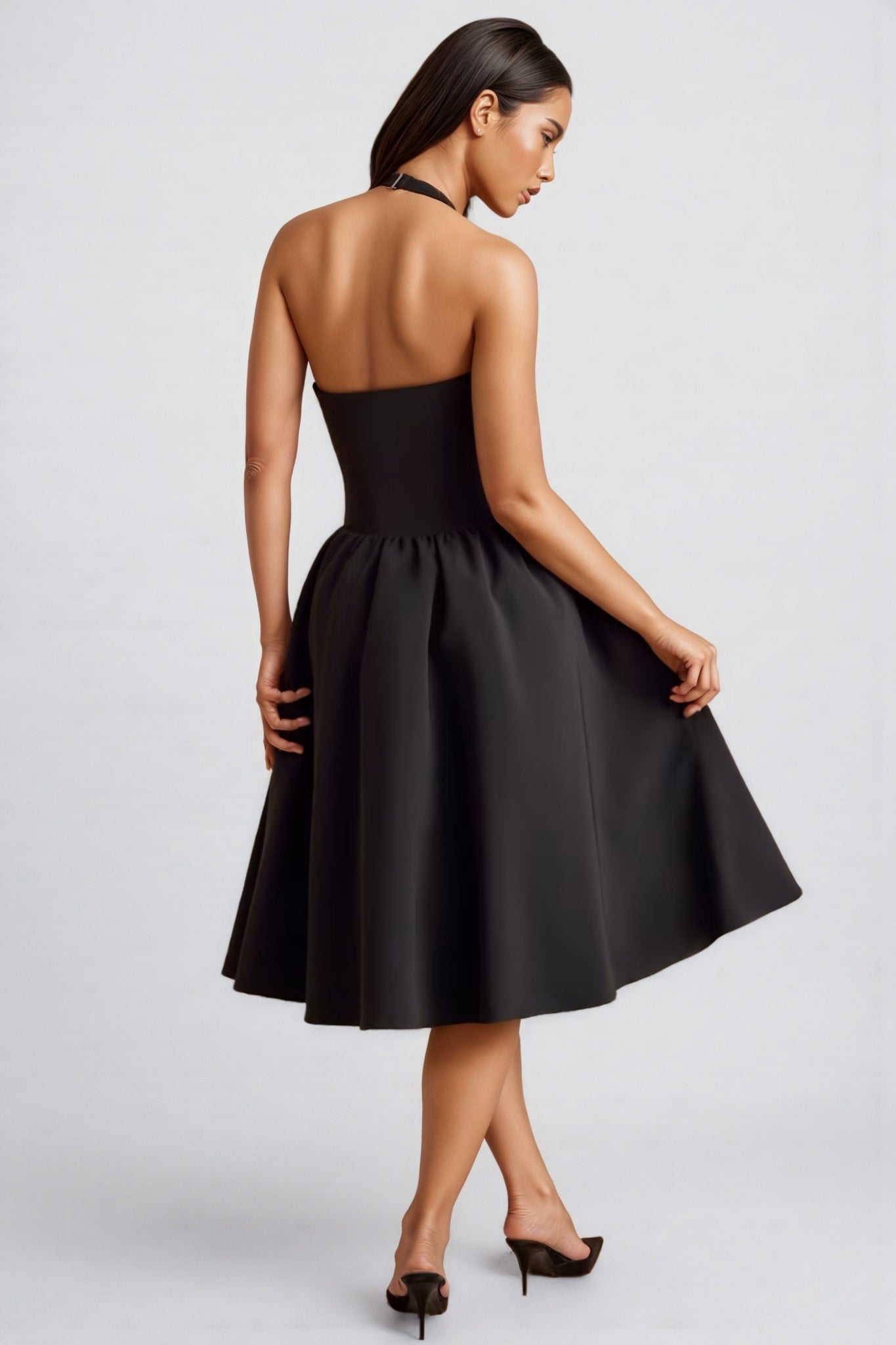 Helsa Black Halterneck Bow-detail Midi Dress