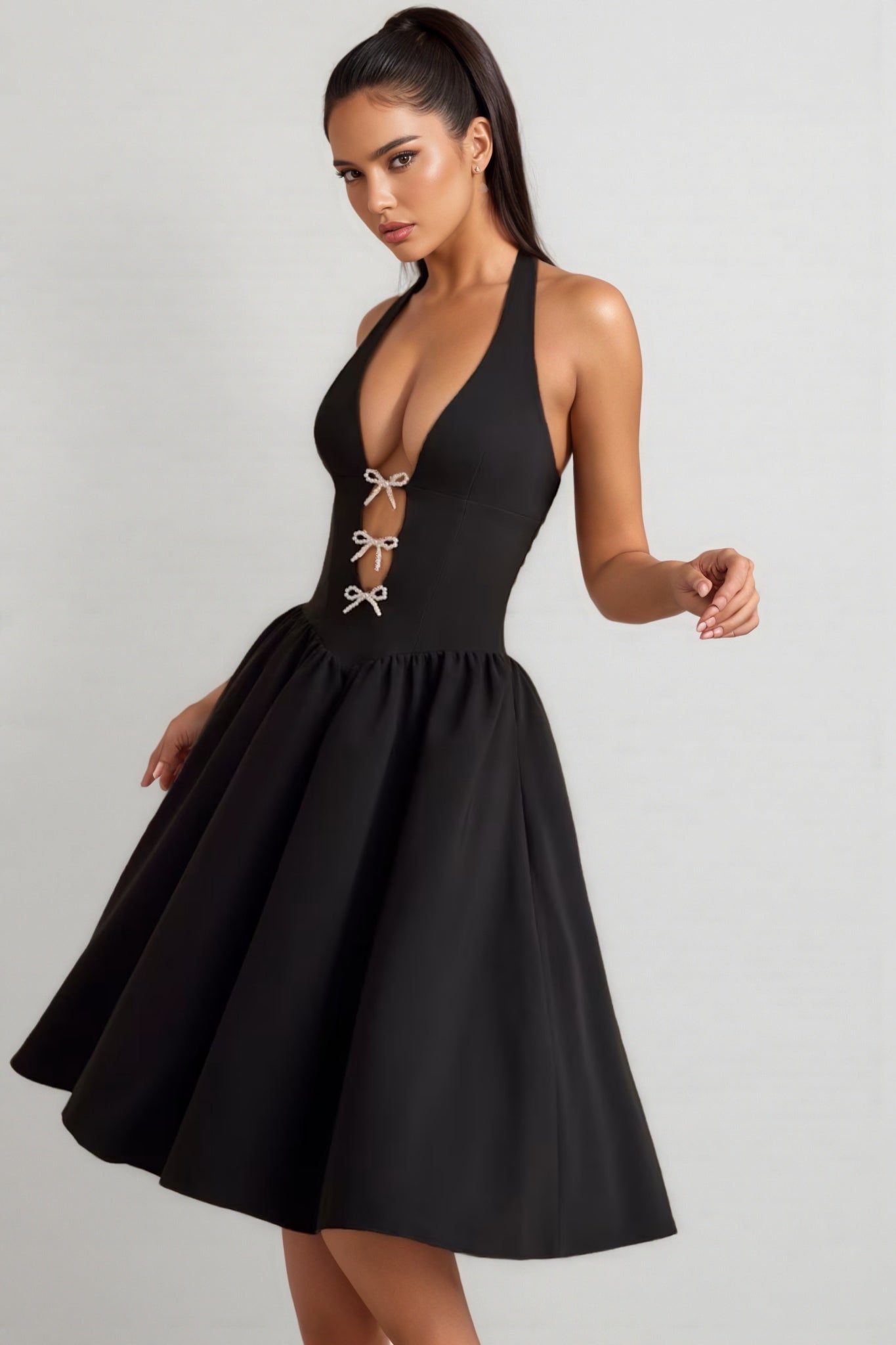 Helsa Black Halterneck Bow-detail Midi Dress