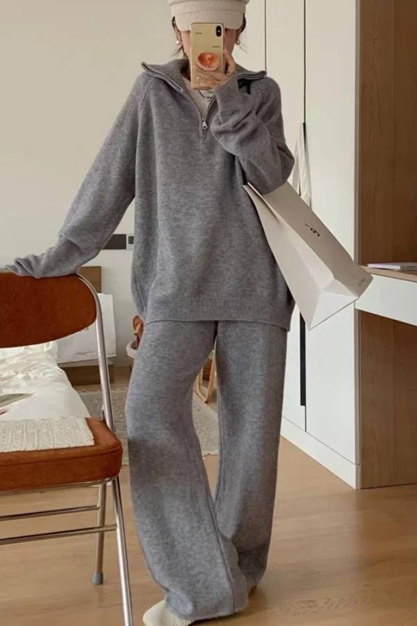 Lapel Sweater and Wide-leg Pants Two-piece Suit