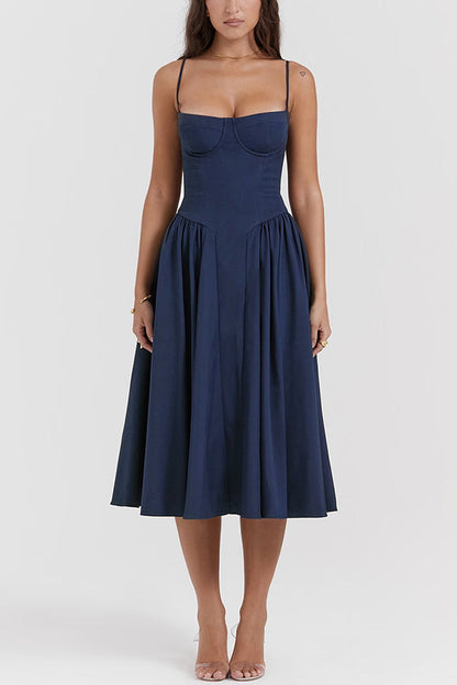 Color Slim Fit Suspender Pocket Midi Dress