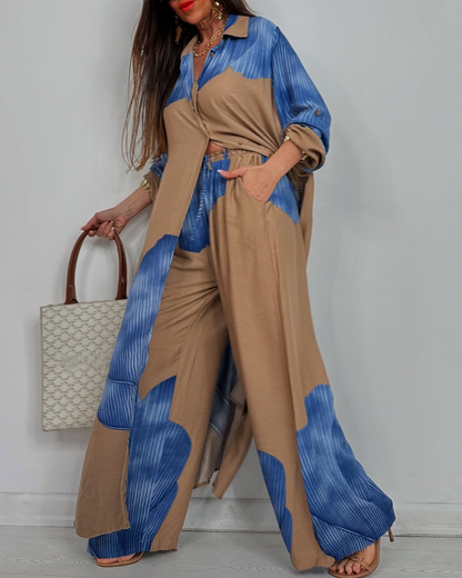 V-neck Patchwork Printed Top and Pants Commuting Suit