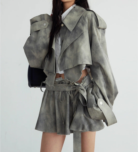 Autumn Winter Camouflage Printing Ink Printing Coat Trench Coat Skirt Suit