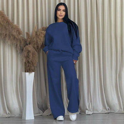 Autumn Winter Color Round Neck Long Sleeve Loose Wear Wide Leg Pants Suit