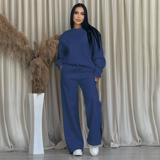 Autumn Winter Color Round Neck Long Sleeve Loose Wear Wide Leg Pants Suit