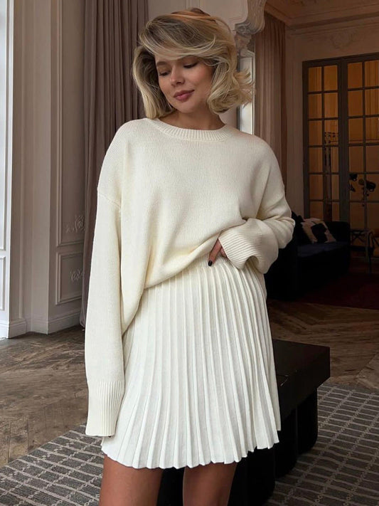 Color Round Neck Sweater Pleated Skirt Set Knitted Skirt Sets