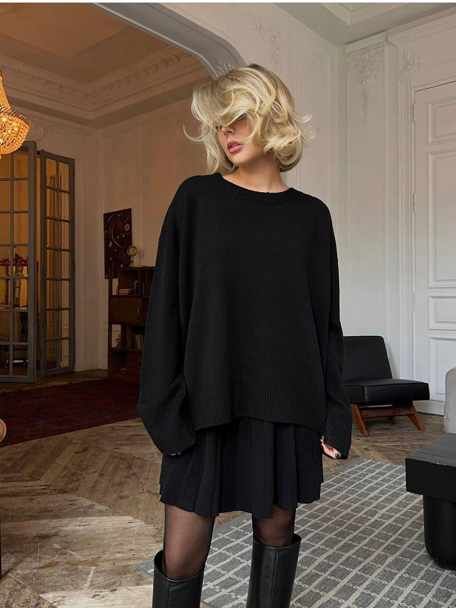 Color Round Neck Sweater Pleated Skirt Set Knitted Skirt Sets