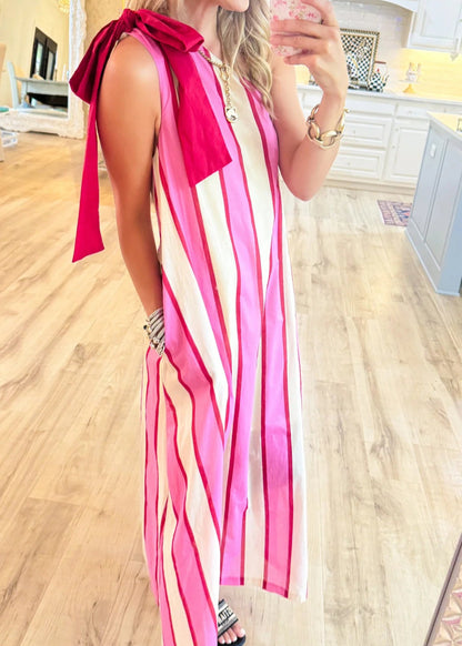 Cream and Pink Stripe Shoulder Tie Maxi Dress