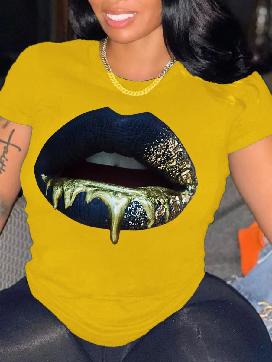 Round Neck Lip Print T-shirt ’s Short-sleeved Basic White T-shirt