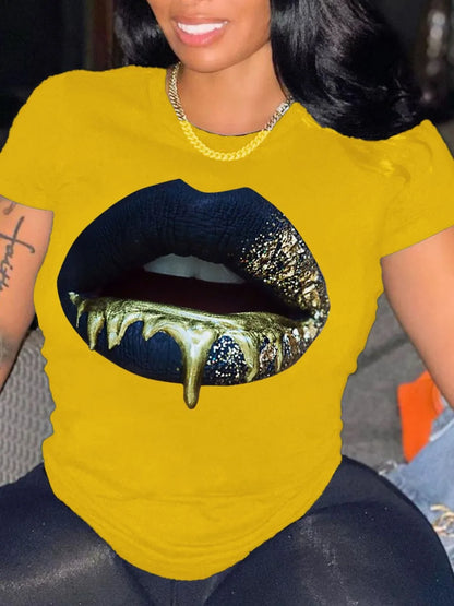 Round Neck Lip Print T-shirt ’s Short-sleeved Basic White T-shirt