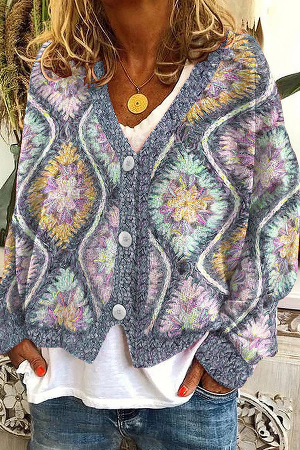 Fun and Long Sleeved Cardigan With Fun Printed Buttons