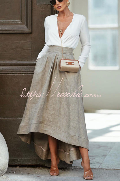 Caught a Vibe Linen Blend Back Elastic Waist Pocketed High Low Maxi Skirt