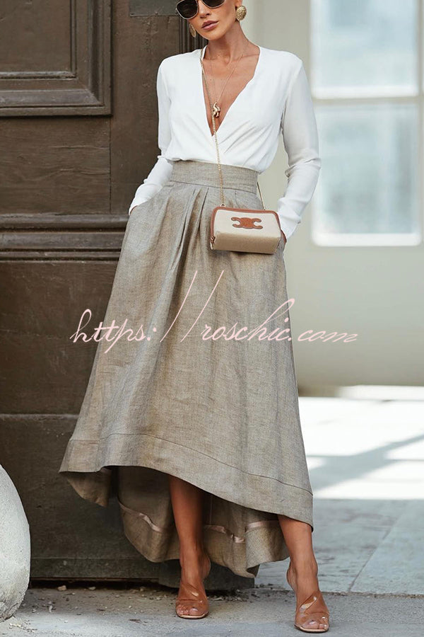 Caught a Vibe Linen Blend Back Elastic Waist Pocketed High Low Maxi Skirt