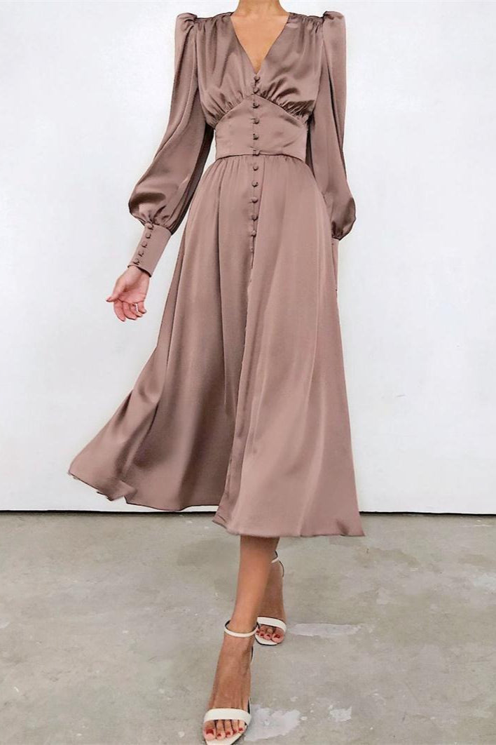 Satin Puff Sleeve Tailored Midi Dress