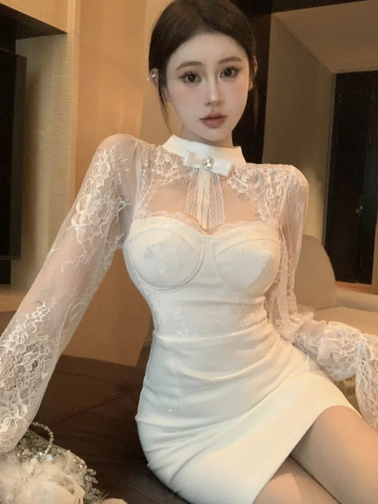 Mini Dress Lace Patchwork Flare Sleeve Hollow Out Autumn Spring Y2k Bodycon Wrap Hip Evening Party Vestidos Mujer New