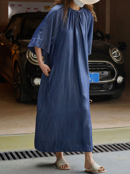 Loose Raglan Sleeve Drawstring Lace-up Pleated Color Round-neck Midi Dresses