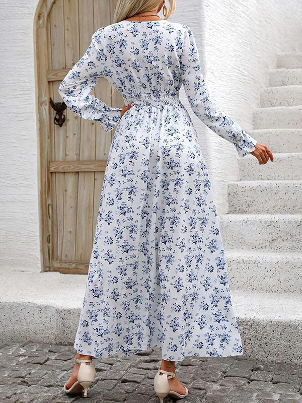 Long Sleeves Loose Elasticity Printed V-neck Maxi Dresses