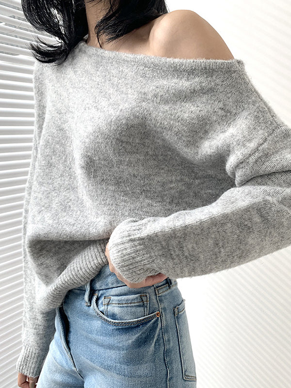 White Off-the-shoulder Long Sleeves Asymmetric Hem Sweater Qx007