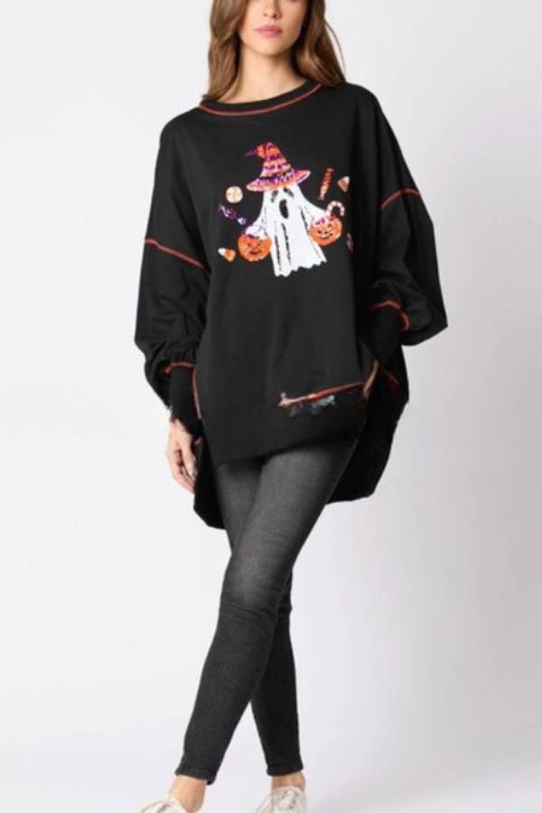 Halloween Ghost Sequined Sweatshirt Embroidered Top