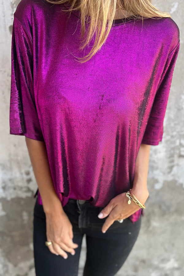 Metallic Color Round Neck Short-sleeved Loose T-shirt