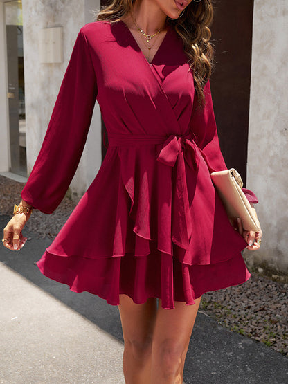 A-line High Waisted Ruffled Color Tied Waist V-neck Mini Dresses