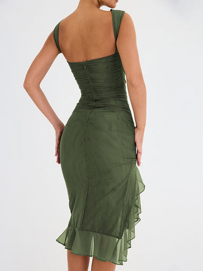 Slim Pleated See-through Round Neck Sleeveless Midi Dress
