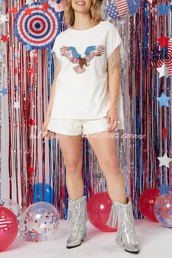Extraordinary American Eagle Print Rhinestone Tassel Short Sleeve T-shirt