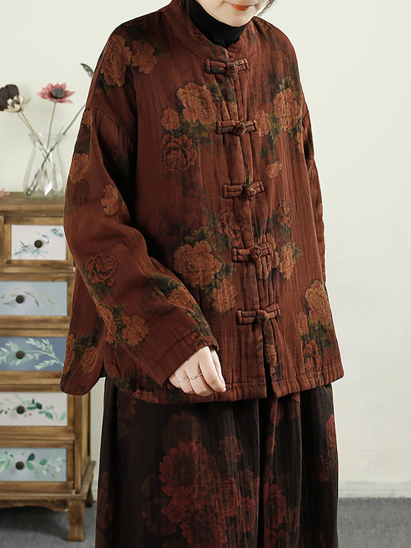 Autumn Flower Buckle Cotton Stand Collar Coat Ba1046
