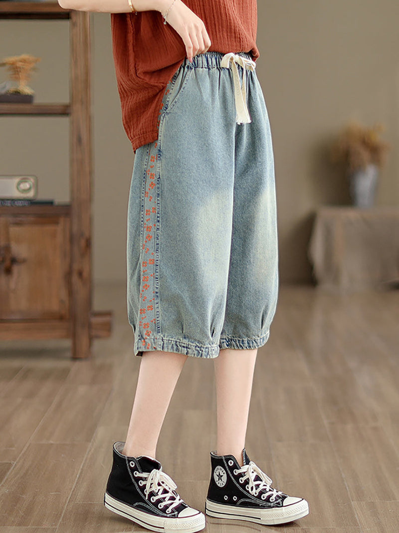 Summer Spliced Washed Denim Knee Length Pants Op1039