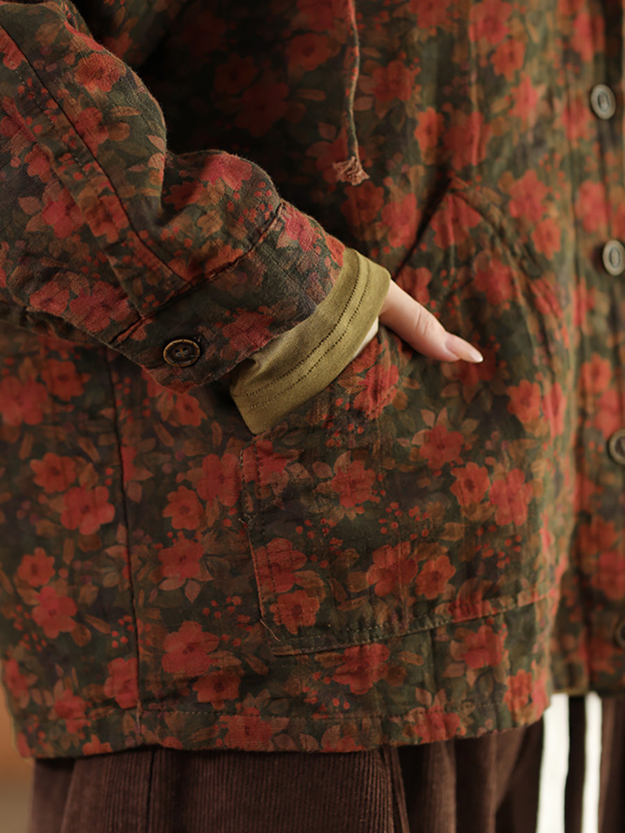 Autumn Flower Button Cotton Linen Hooded Coat Ah1013