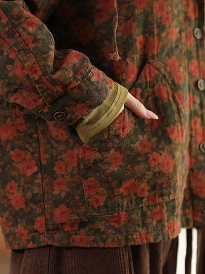 Autumn Flower Button Cotton Linen Hooded Coat Ah1013